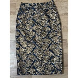 ASOS Tall Gold Floral Jacquard Skirt Navy Blue Midi Pencil US 12 Holiday Party